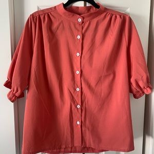 Bright Peach Vintage Button Down Puff Sleeve Blouse
